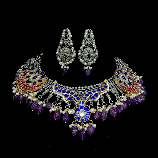 oxidized necklace with kundan & purple beads