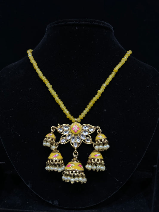 Yellow pink meenakari dull necklace
