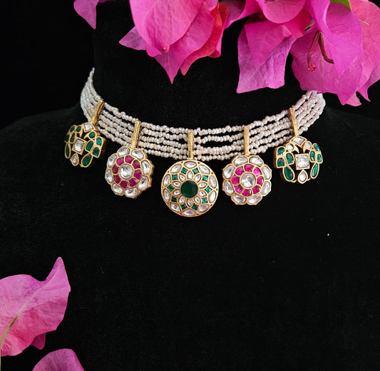kundan ruby pearl choker necklace