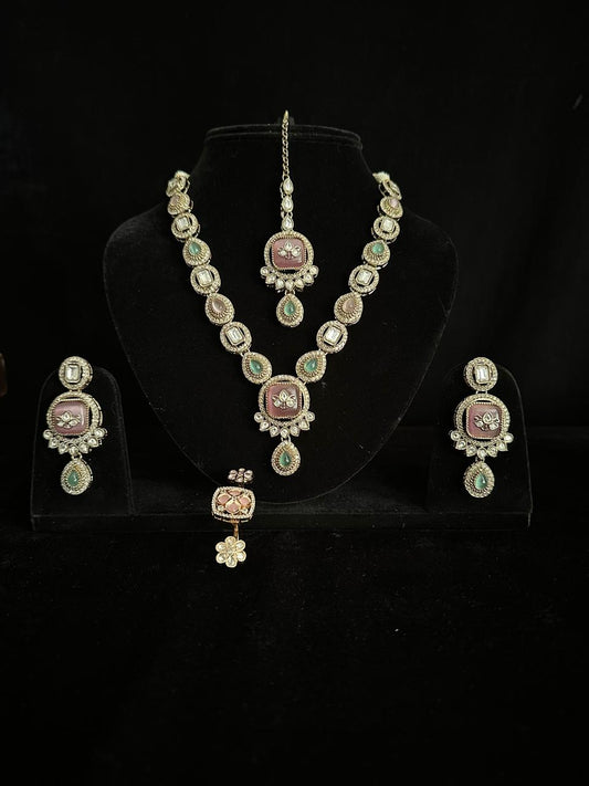 Elegant Pink & Green Kundan Necklace Set