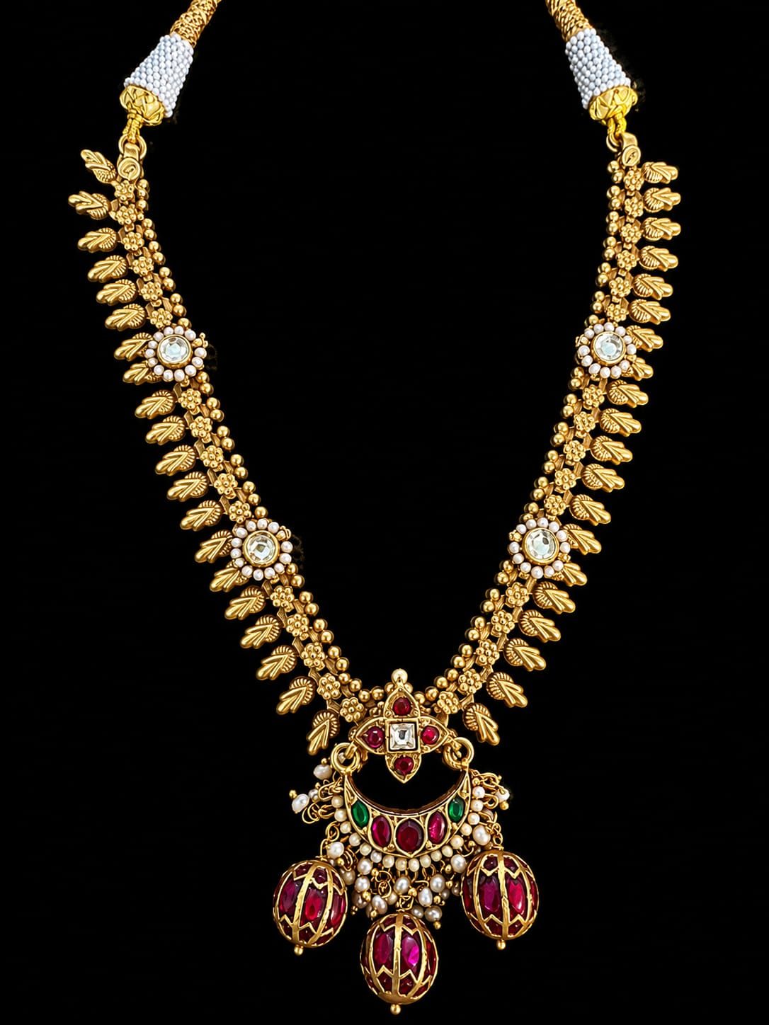 Rajwadi Ruby Pearl Jhumar Necklace.